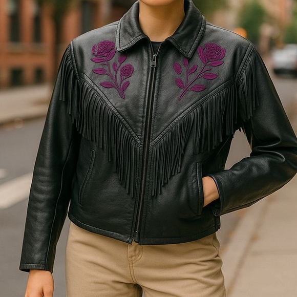 Black Leather Vintage Western Fringe Jacket with Purple Embroidery – Medium - Picture 1 of 16